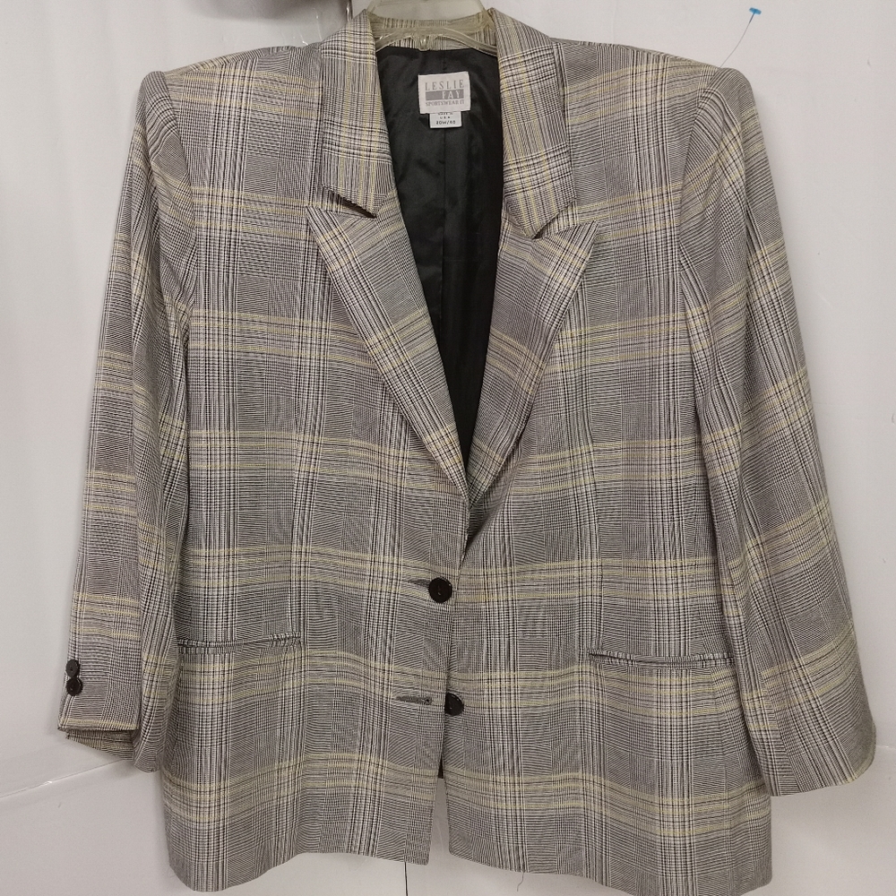 Vintage 80's Yellow Black, White Plaid Striped Seersucker Lightweight Blazer